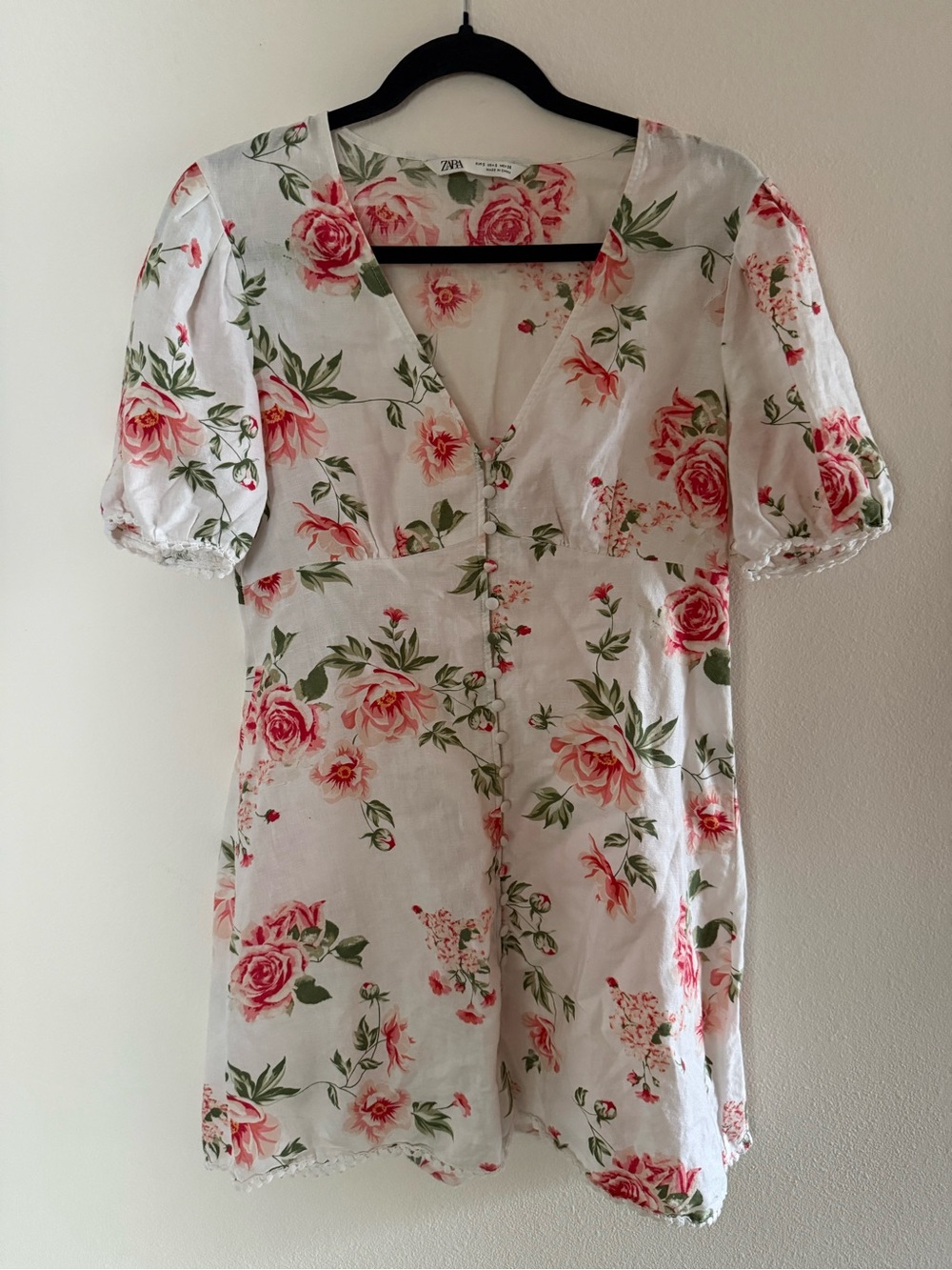 Zara Floral Linen Blend Mini Dress Sz S Puff Sleeve Cottagecore Romantic Button